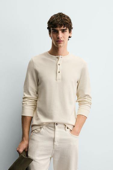 Zara RIBBED TEXTURED T-SHIRT - Ecru