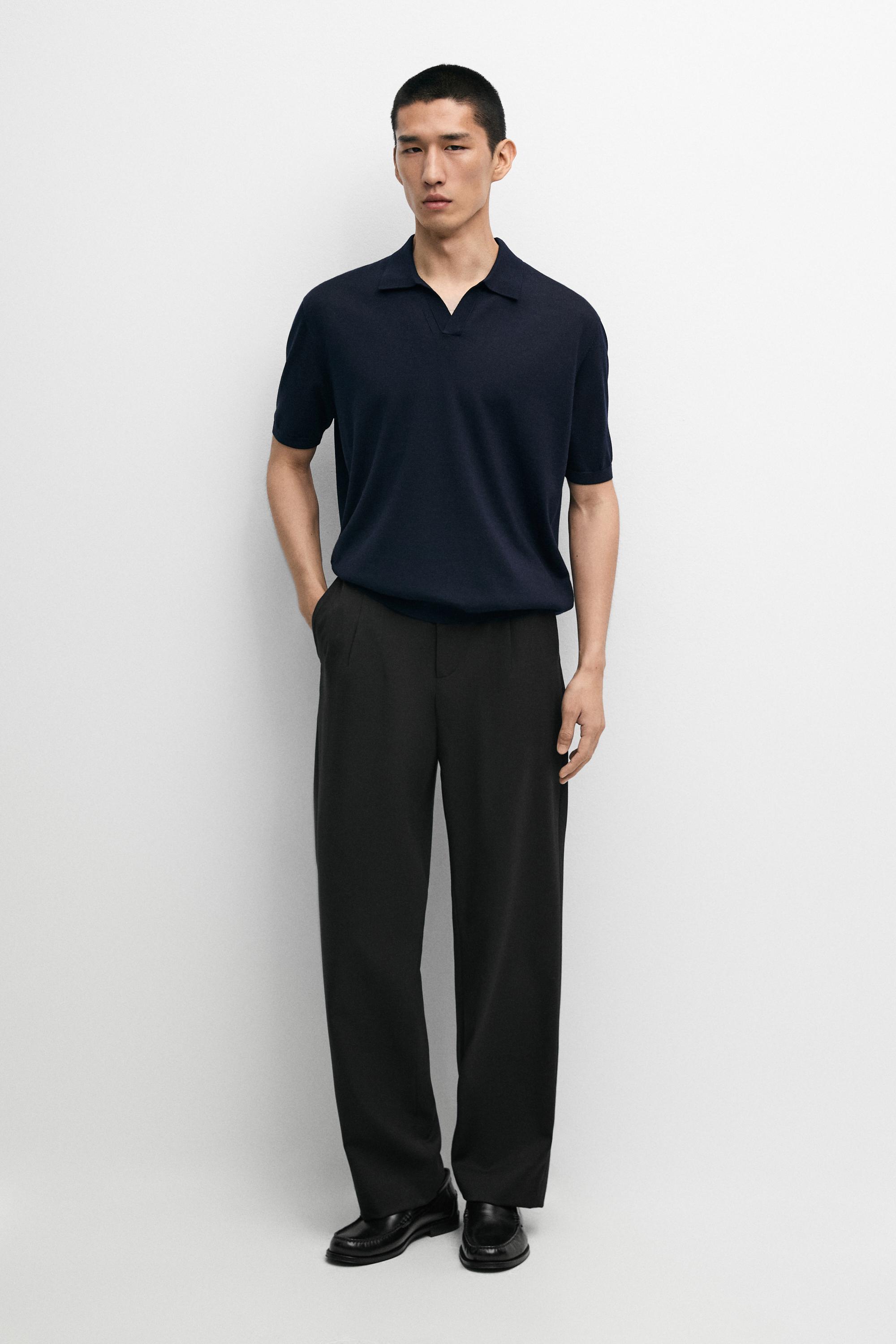 Short sleeve wool blend knit polo shirt — Navy blue