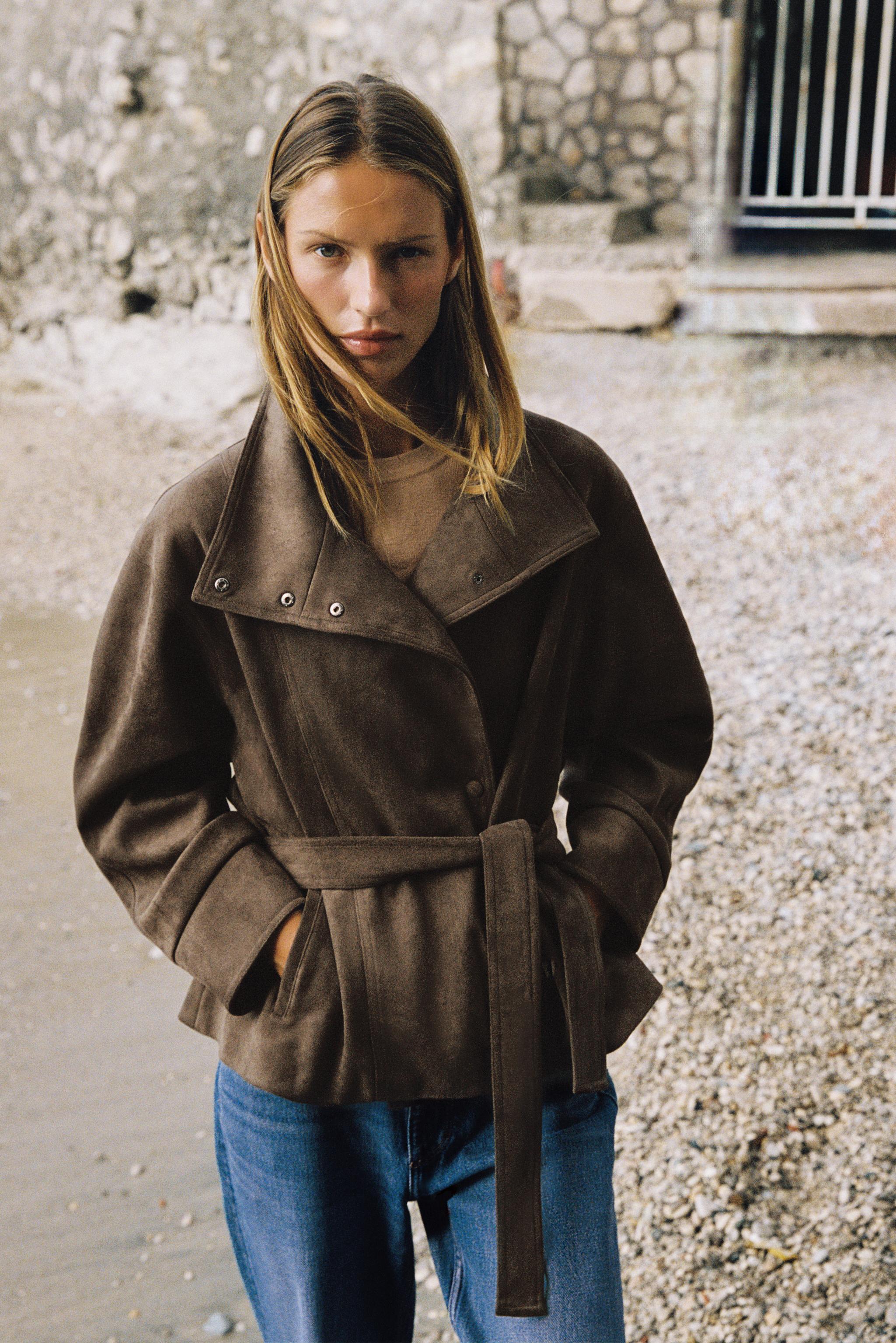 FAUX SUEDE BELTED JACKET — Dark mink