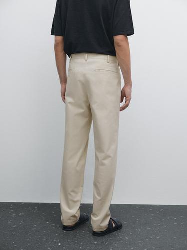 Pantalon slim en toile de coton mélangé - Beige de Zara