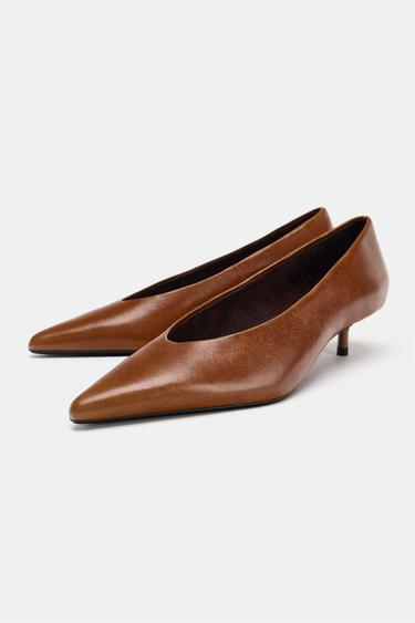 LEATHER KITTEN HEEL SHOES - Brown by Zara
