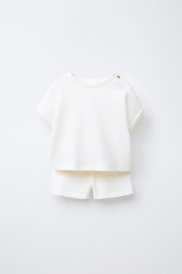WAFFLE-KNIT T-SHIRT AND BERMUDA SHORTS CO-ORD - Oyster-white by Zara