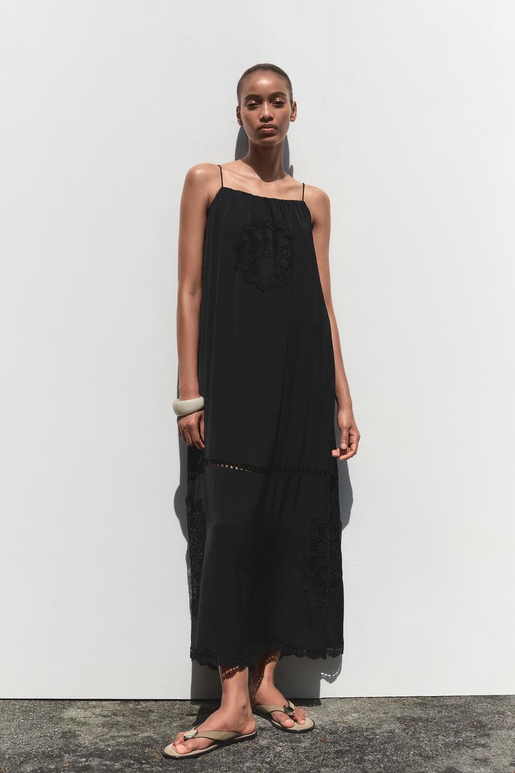 VESTIDO MIDI VOLUMEN BORDADOS Negro ZARA Chile