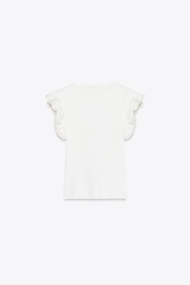 Zara COMBINATION RUFFLED T-SHIRT - Oyster-white