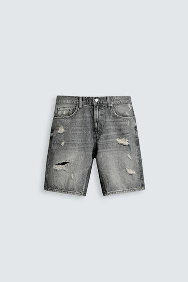 Zara RIPPED DENIM SHORTS - Gray