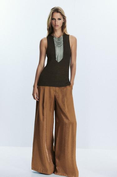 Zara TEXTURED KNIT LONG TOP - Chocolate