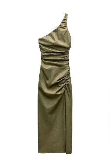 ASYMMETRIC LINEN BLEND DRESS WITH GATHERING