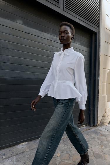PEPLUM POPLIN SHIRT WITH BOW - White by Zara - Image 0