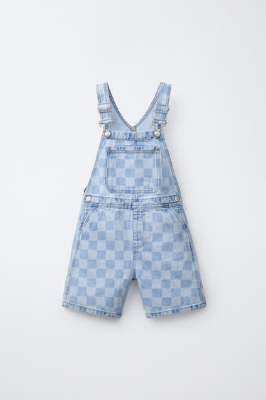 CHECKERBOARD DENIM SHORT DUNGAREES - Light blue by Zara