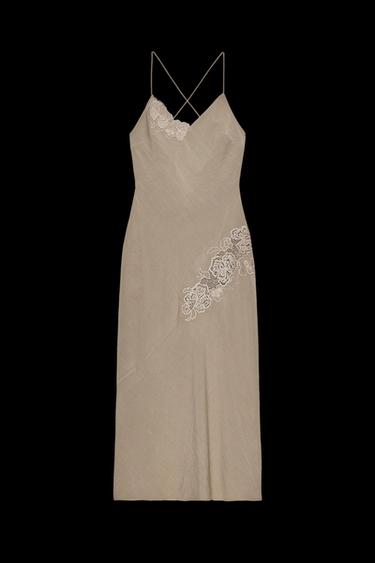 Zara EMBROIDERED MIDI SLIP DRESS - Brown / Taupe - Image 0