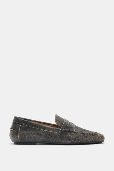 LEATHER LOAFERS WITH DISTRESSED EFFECT - Brown by Zara