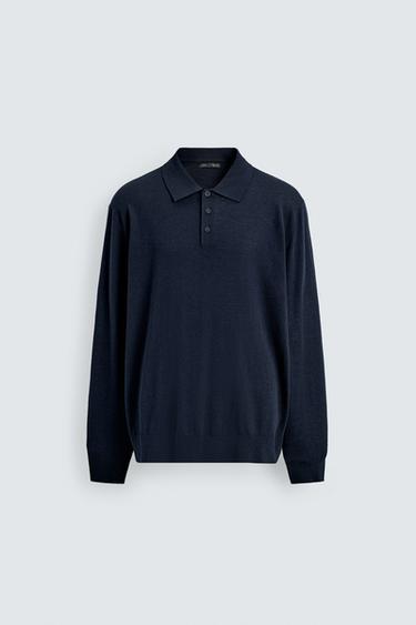 Zara WOOL AND SILK KNIT POLO - Navy blue