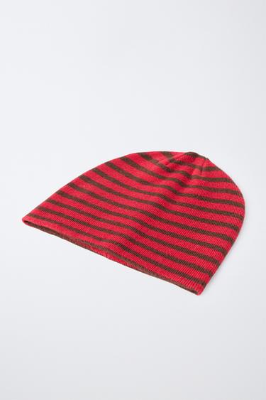 STRIPED KNIT BEANIE — Red 2