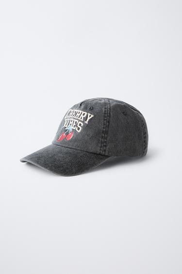 BASEBALLCAP IM USED-LOOK MIT KIRSCHSTICKEREI - Schwarz von Zara