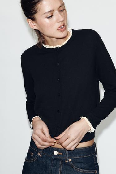 CHAQUETA PUNTO ACABADOS PUNTILLA - Marino de Zara