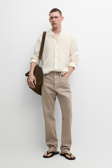 Zara Lightweight tapered fit denim-effect trousers - Mink