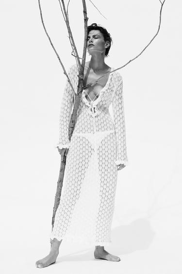 Zara POINTELLE KNIT RUFFLED LONG DRESS - White