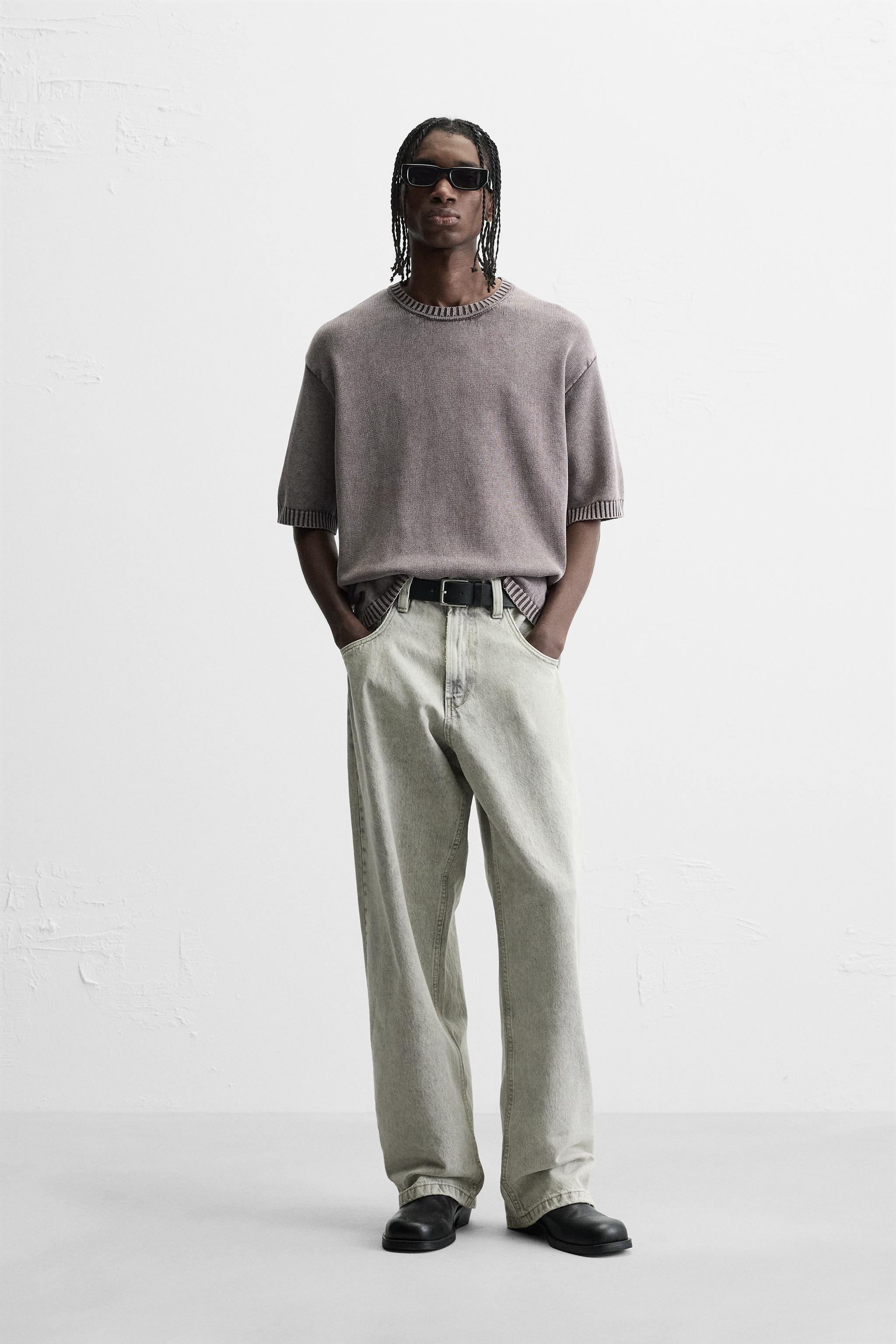 ★ドイツ発*ZARA*ウォッシュ加工ラグランブロックニットTシャツ ウォッシュ加工パッチ付きTシャツ - ダークアンソラジット