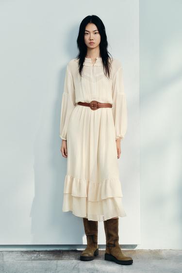 Zara 縐綢腰帶洋裝 - 黃油色