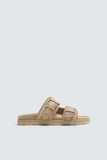 Zara DOUBLE STRAP LEATHER SANDALS - Sandy Brown
