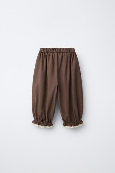 LACE TRIM SAROUEL TROUSERS - Brown by Zara - Image 1