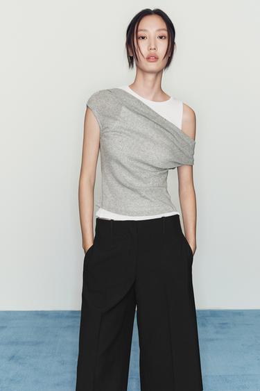 Zara 雙層不對稱T恤 - 斑紋灰色