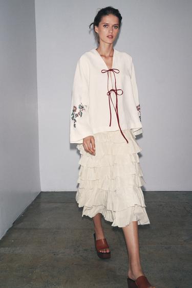 KIMONO EN LIN 100 % BRODÉ - Écru de Zara - Image 3