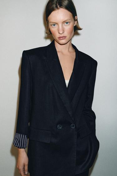 BLAZER CRUZADA CON LINO MANGA REMANGADA - Marino de Zara