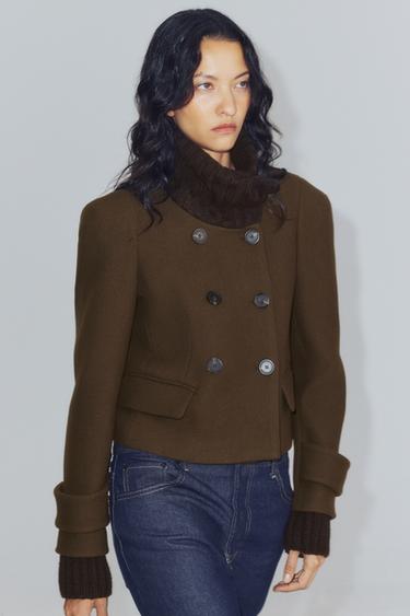 ZW COLLECTION SHORT COMBINED WOOL-BLEND COAT — Dark olive 2