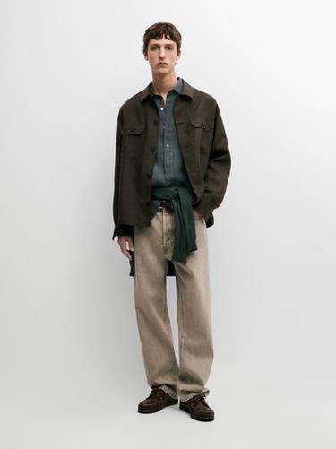 Zara Total look linen overshirt with pockets - Dark green - Image 0