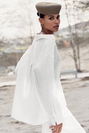 BLOUSE EN LIN À COL POLO - Blanc de Zara - Image 8