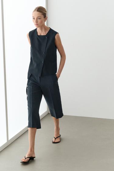 Zara Linen asymmetric buttoned vest - Navy blue