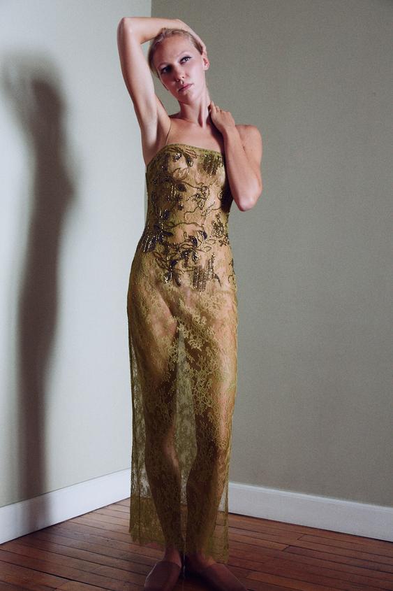 Zara EMBROIDERED BEADED LACE DRESS - Mid-green - Image 0