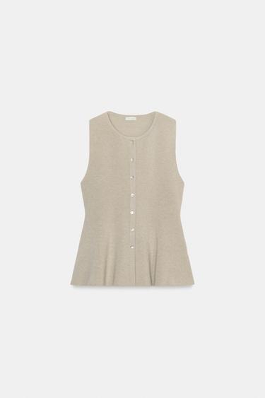 RIBBED PEPLUM BUTTON TOP - Mid-ecru by Zara