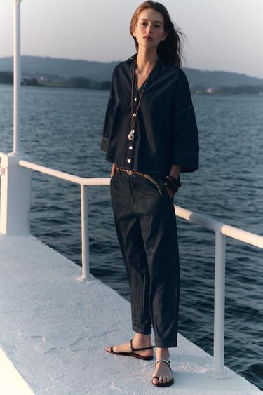بنطلون Z1975 تشينو DENIM بحزام مجدول - أزرق الخاص بـ Zara