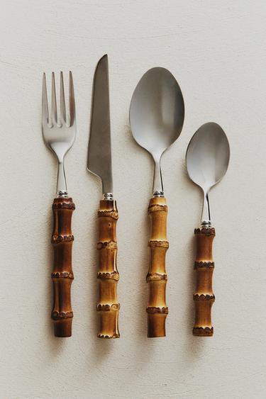 BESTECKSET 4 TEILE BAMBUSGRIFF - Braun von Zara