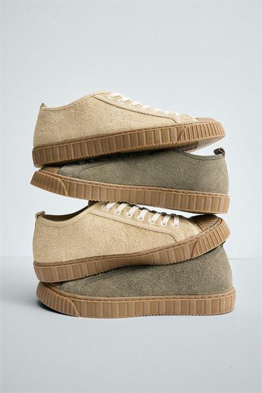 Zara LEATHER SNEAKERS WITH CONTRAST SOLE - SAND/BROWN