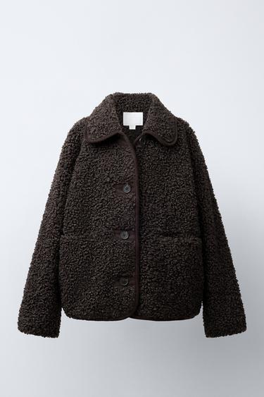 Zara PIPED SHEARLING COAT - Chocolate
