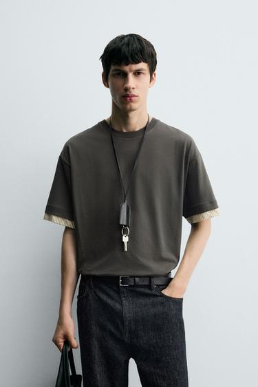 CONTRAST SLEEVE T-SHIRT - Grey green by Zara