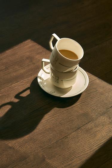 STONEWARE COFFEE CUP AND SAUCER - White / Green by Zara