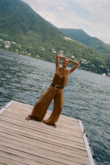 WEITE SATINHOSE MIT GÜRTEL - Karamell von Zara