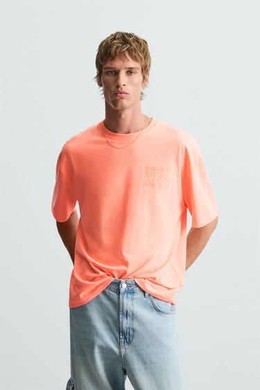 EMBROIDERED SLOGAN T-SHIRT - Neon orange by Zara