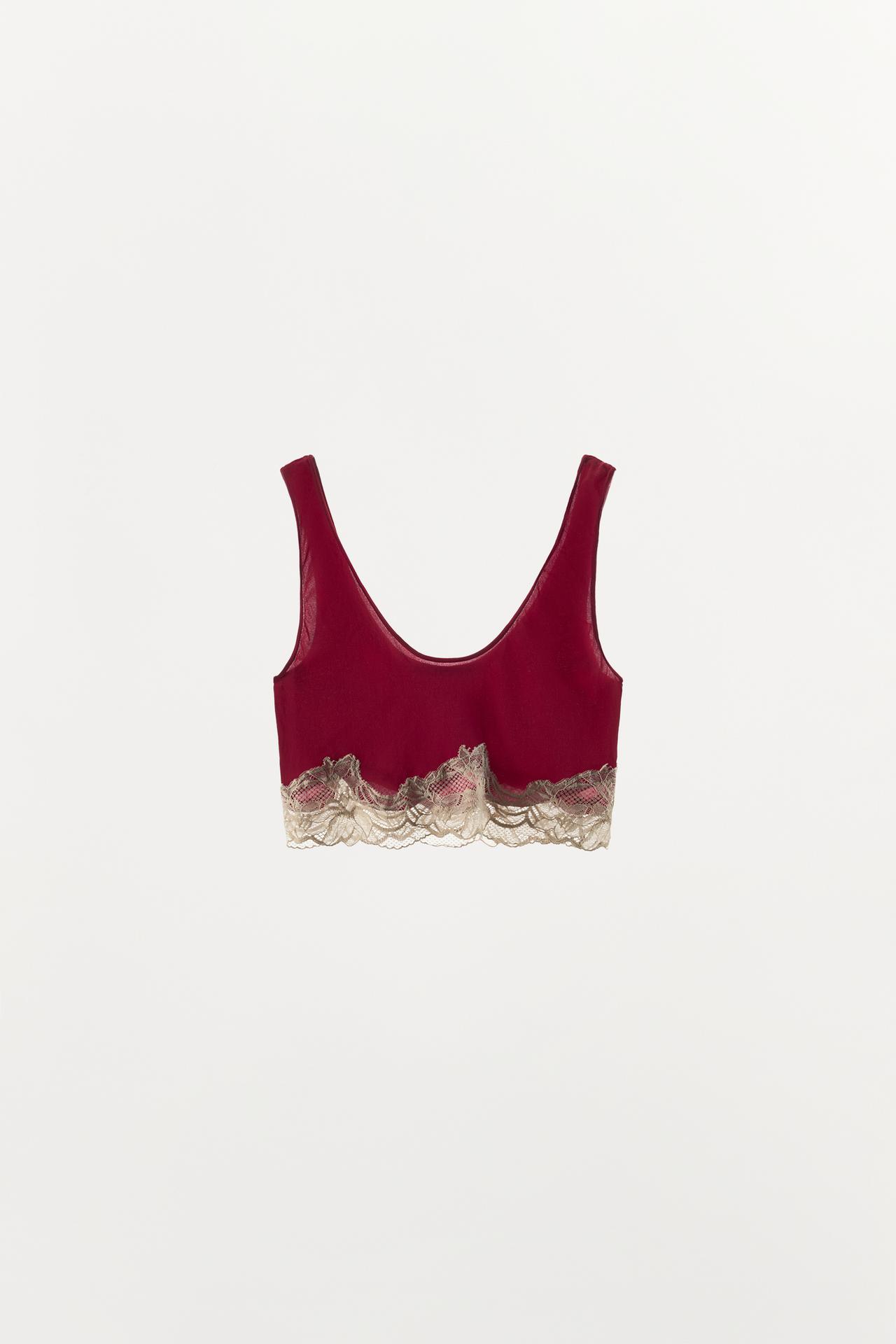 LACE TRIM BANDEAU BRA — Intense red