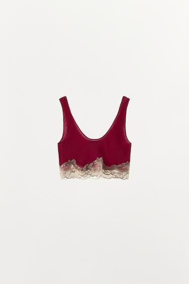 LACE TRIM BANDEAU BRA — Intense red 3