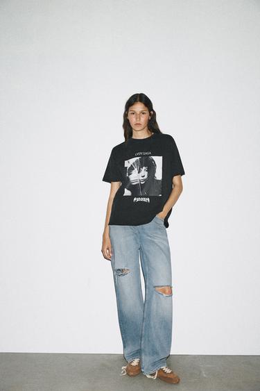 T-SHIRT EFFET DÉLAVÉ LADY GAGA - Noir de Zara