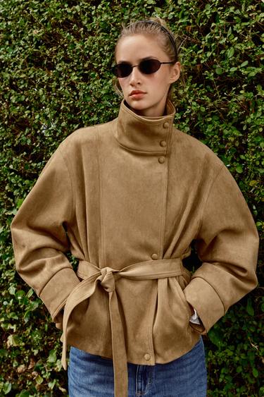 FAUX SUEDE BELTED JACKET - Dark camel by Zara