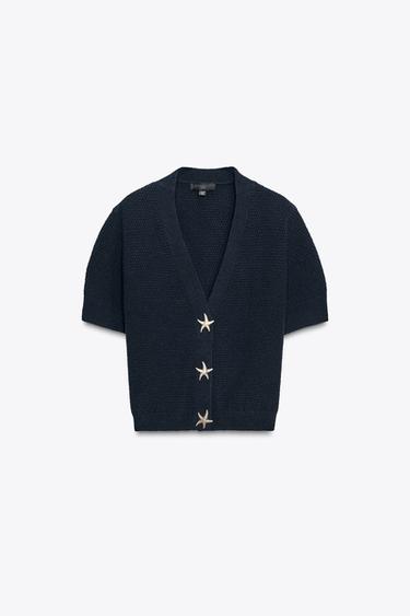 STAR BUTTON TEXTURED KNIT CARDIGAN - Zara-ს Navy blue