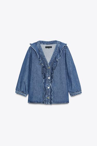 Zara Z1975 DENIM RUFFLE SHIRT - Mid-blue