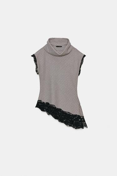 TOP PIED-DE-POULE EN DENTELLE - Écru / Bleu de Zara - Image 7