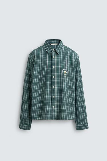 CROPPED FIT EMBROIDERED CHECK SHIRT - Green by Zara